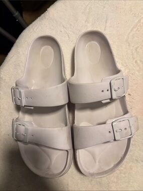 2 for $10.00 sale Adult White Double-Buckle Slide Sandals. Size 9